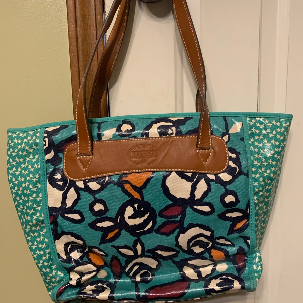Fossil Canvas Coated Tote Leather Trim